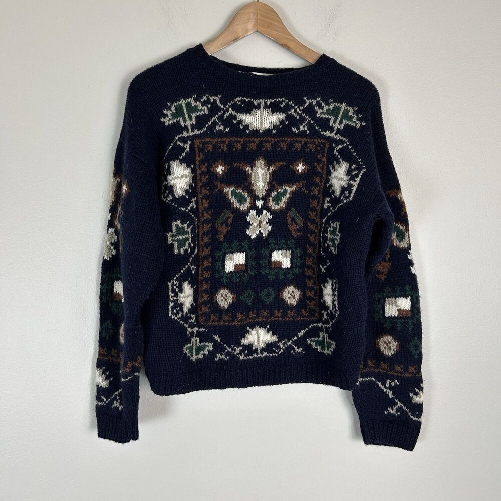 Vintage M Sweater Pullover Handknit Tapestry Cross Stitch Fisherman Preppy 90s